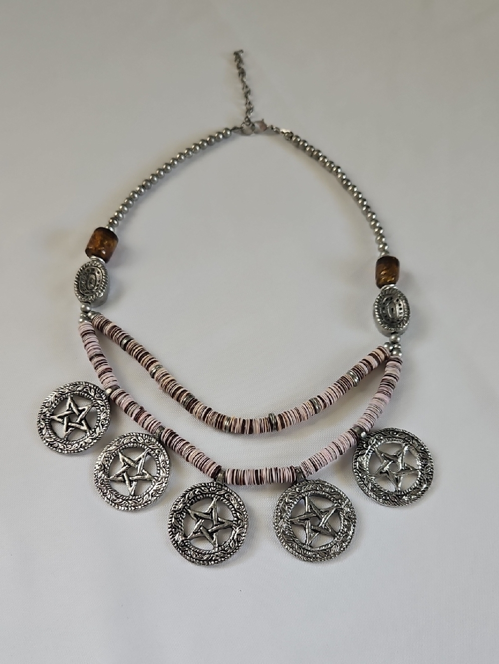 Boho Silver Star Coin Necklace with Pink Beads